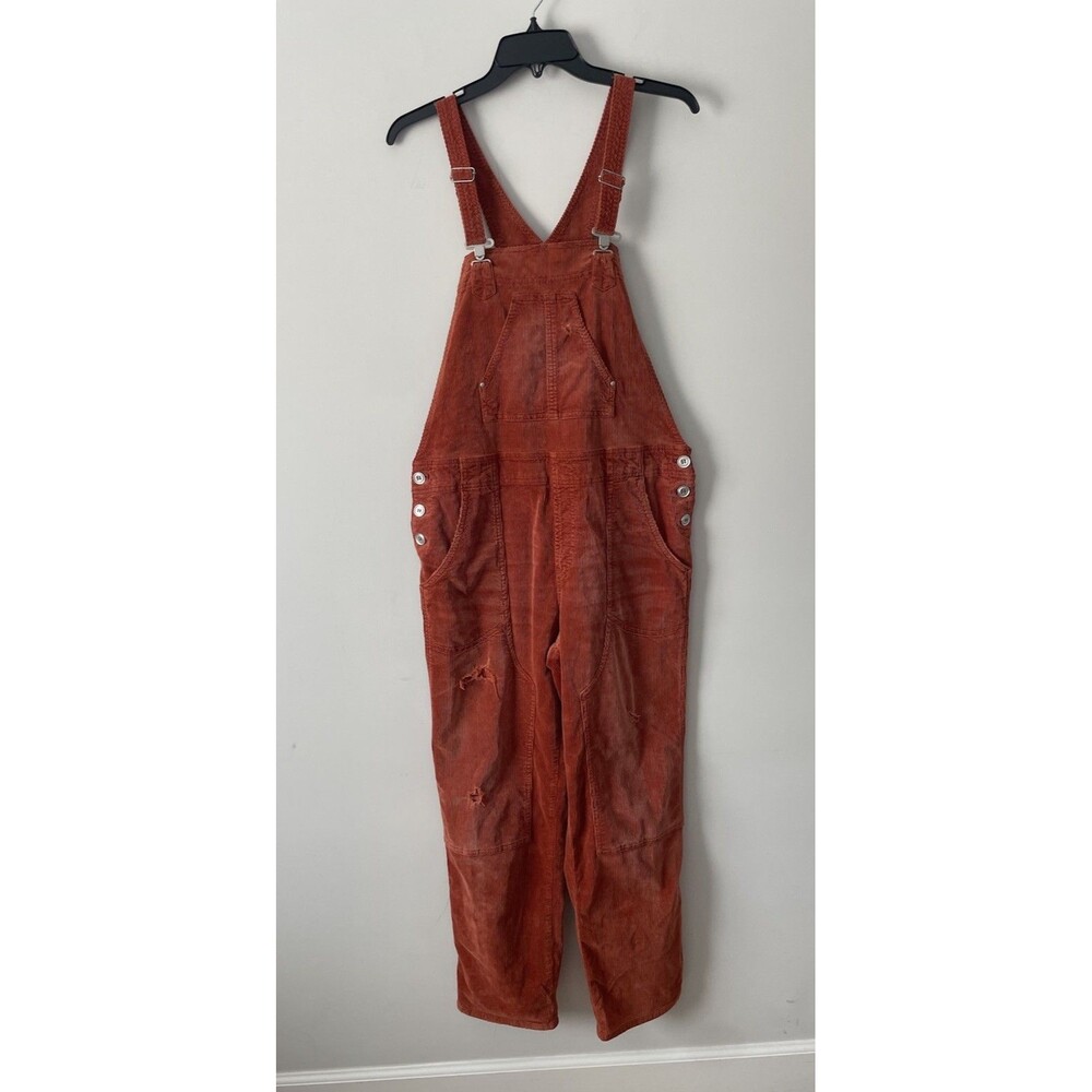 Anthropologie Pilcro Wanderer Orange Stretch Corduroy Distressed Overalls Sz 31
